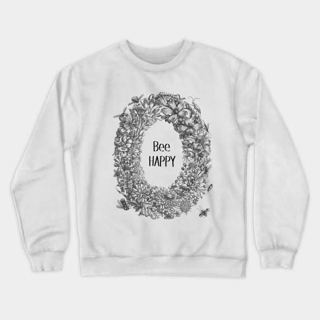 Wreath Botanical  Illustration with Bee and Text Crewneck Sweatshirt by Biophilia